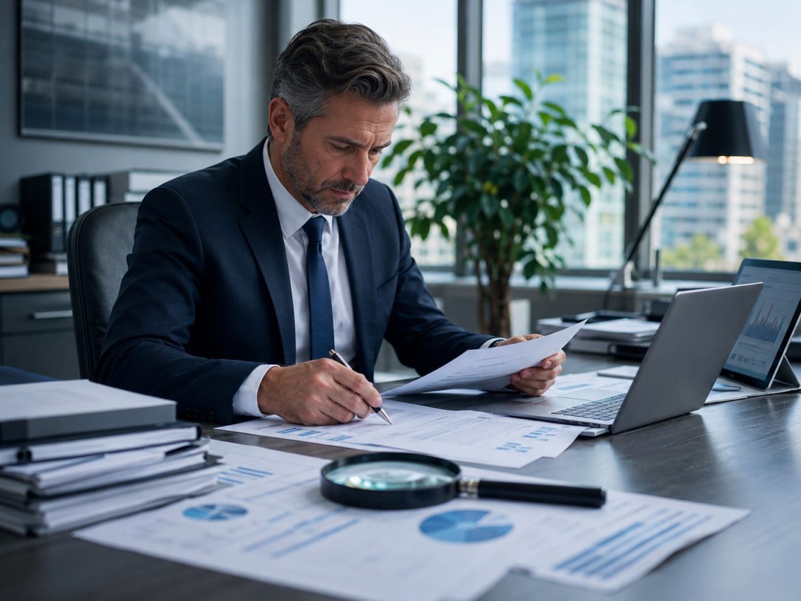 Professionista analizza documenti finanziari aziendali per indagini su soci e amministratori.