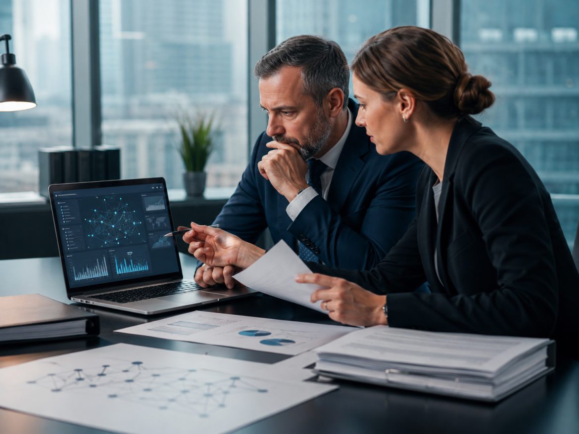 Professionisti analizzano dati e documenti digitali per valutare rischi, tracciabilità e governance dei fornitori AI in azienda.