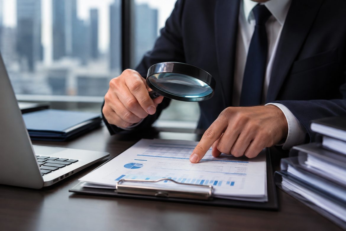 Professionista analizza documenti e dati aziendali durante una due diligence su clienti e fornitori.