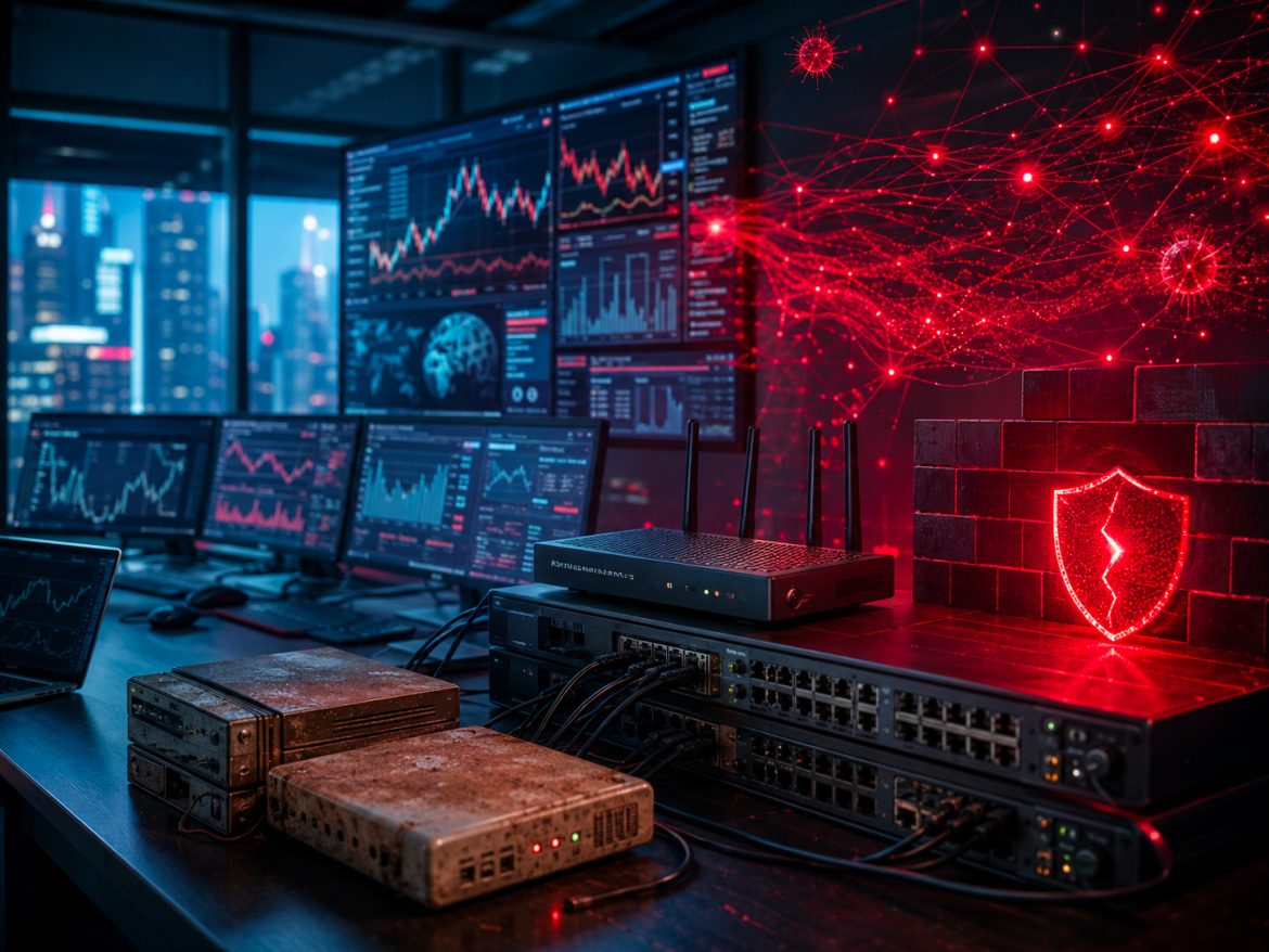Rischio cyber nel settore finanziario con dispositivi di rete obsoleti, firewall e attacco informatico basato sull’intelligenza artificiale.